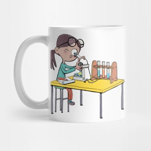 girl with a microscope is doing an experiment and writing down the details Mug